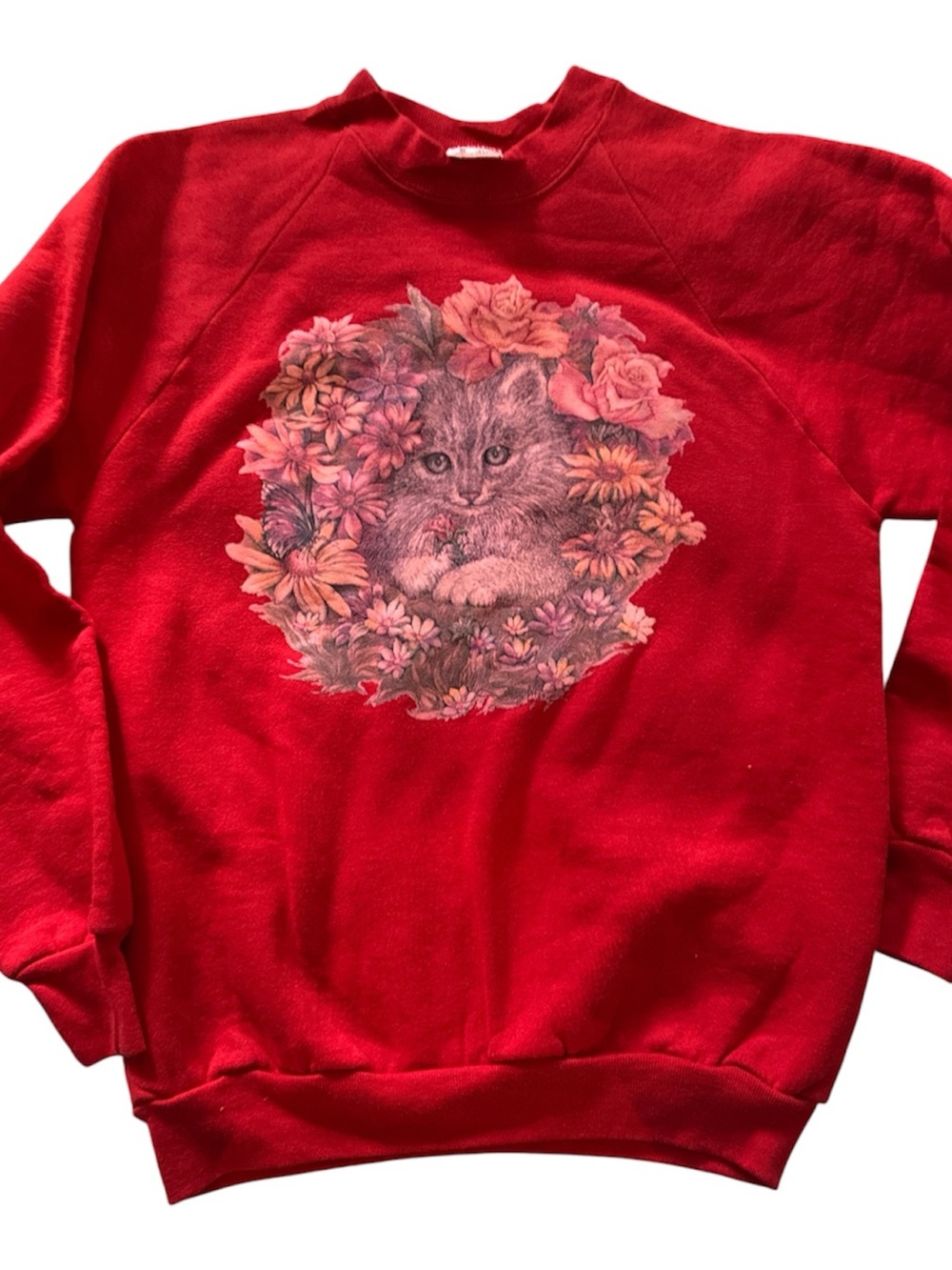 Vintage Red Cat Floral Crewneck Sweatshirt - Pets Cat